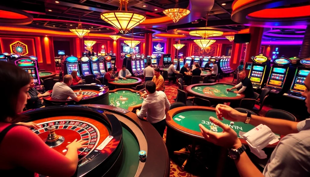 Players enjoying a thrilling game of poker at 33WIN casino, with chips and cards prominently displayed.