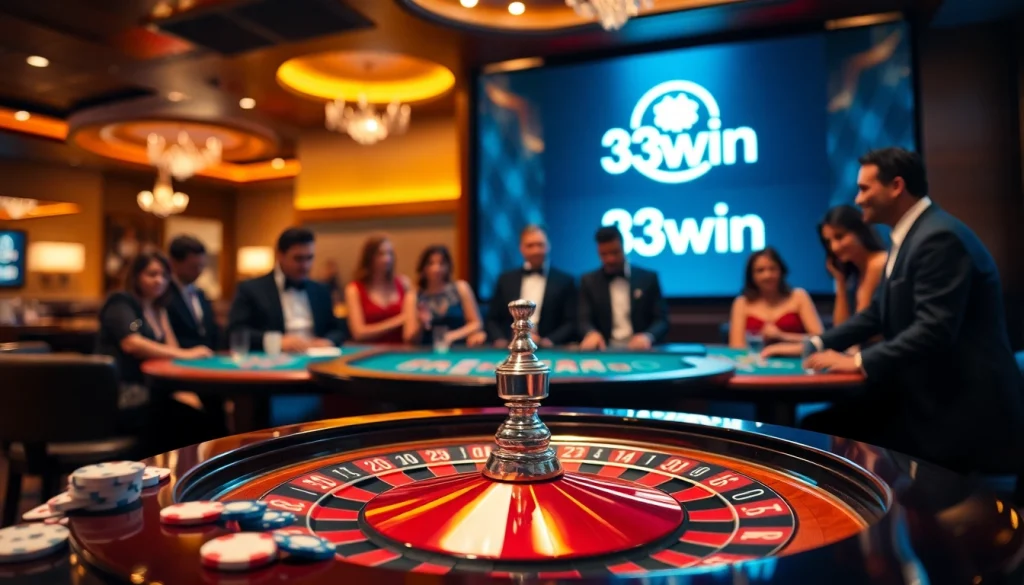 33win casino scene featuring players engaged around a roulette wheel and blackjack table, capturing the thrill of gambling.